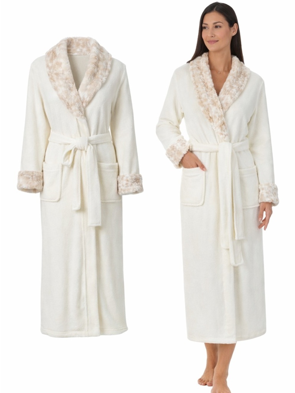 Carole Hochman | Ivory Plush Robe Faux Fur Trim Cozy Wrap Belted | Small